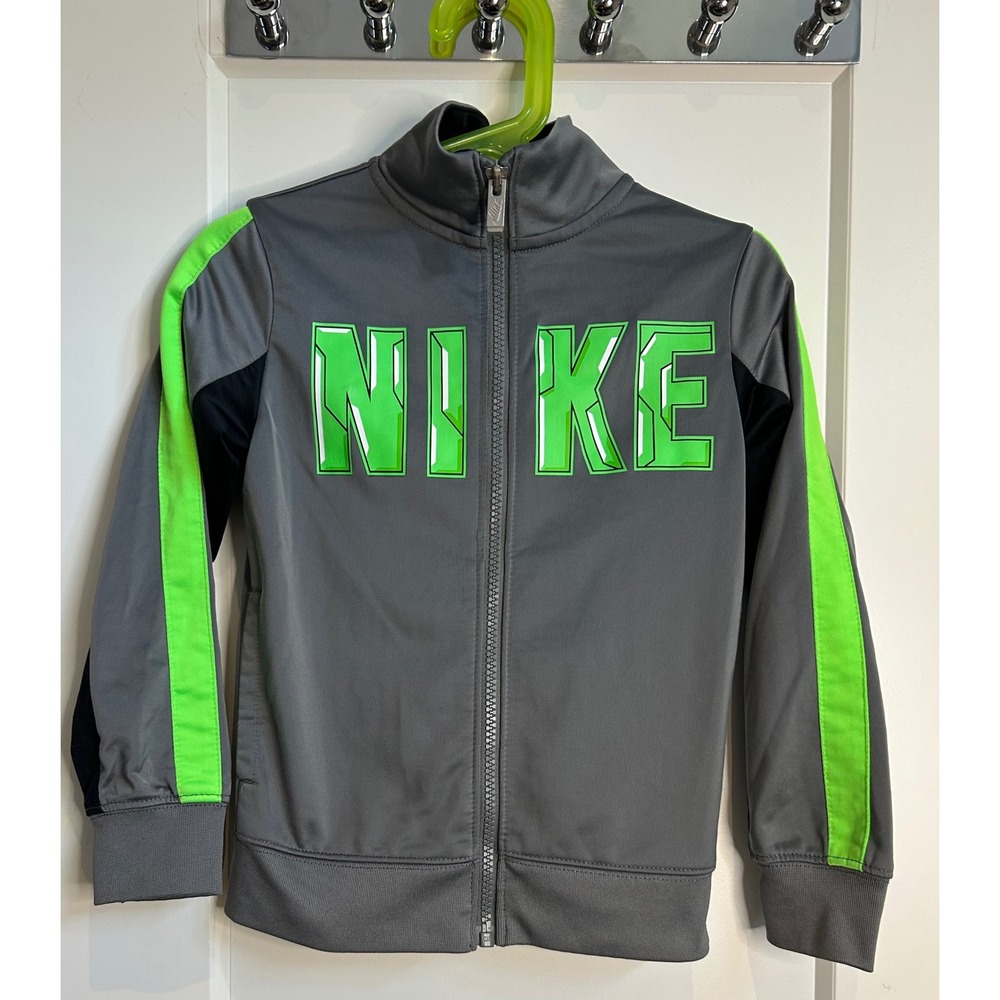 Nike Boys Grey Neon Green Graphic Full Zip Track Jacket Size 4 XS 3-4 Years
